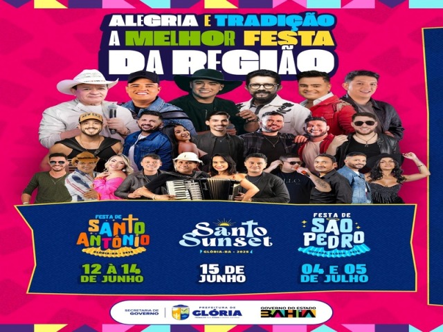 Prefeitura de Glória divulga programação oficial das festas de Santo Antônio e São Pedro 2025