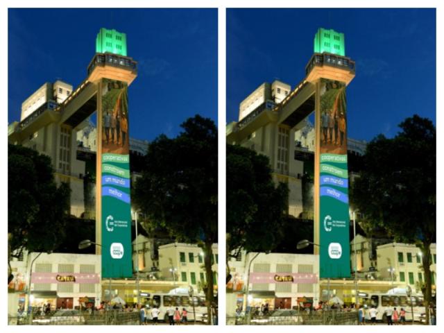 Elevador Lacerda iluminado para o Dia Internacional do Cooperativismo