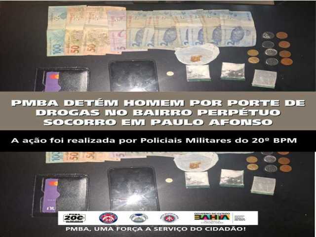 POLICIA MILITAR DETÉM HOMEM POR PORTE DE DROGAS NO BAIRRO PERPÉTUO SOCORRO EM PAULO AFONSO