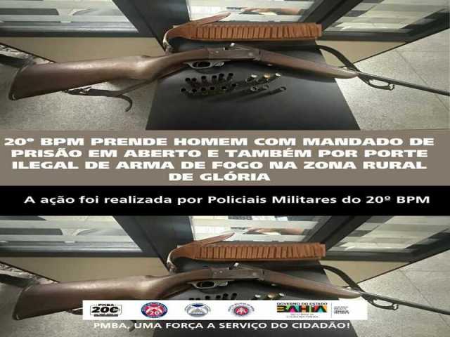 POLICIA MILITAR PRENDE HOMEM COM MANDADO DE PRISÃO EM ABERTO E TAMBÉM POR PORTE ILEGAL DE ARMA DE FOGO NA ZONA RURAL DE GLÓRIA