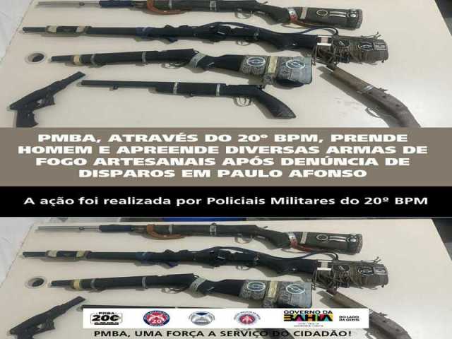 POLICIA MILITAR ATRAVÉS DO 20º BPM, PRENDE HOMEM E APREENDE DIVERSAS ARMAS DE FOGO ARTESANAIS APÓS DENÚNCIA DE DISPAROS EM PAULO AFONSO