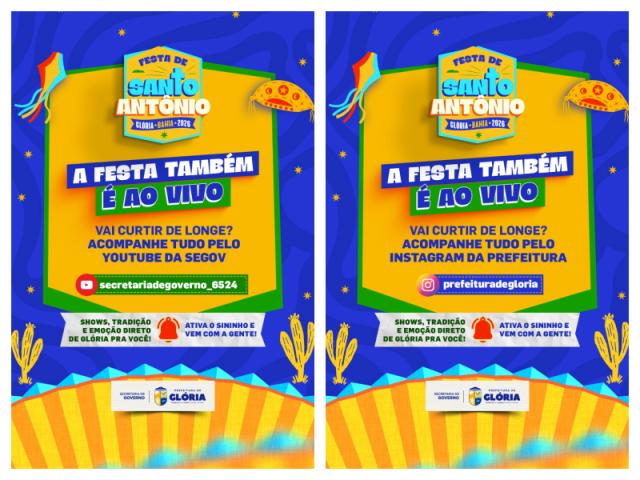 PREFEITURA DE GLÓRIA TRANSMITIRÁ FESTA DE SANTO ANTÔNIO E SANTO SUNSET AO VIVO PELAS REDES SOCIAIS