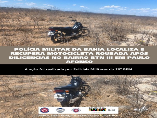 POLÍCIA MILITAR DA BAHIA LOCALIZA E RECUPERA MOTOCICLETA ROUBADA APÓS DILIGÊNCIAS NO BAIRRO BTN III EM PAULO AFONSO