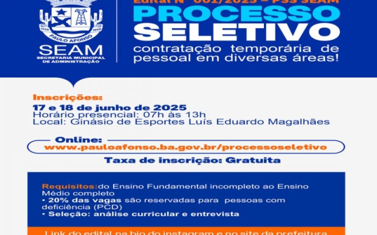 PAULO AFONSO: Processo Seletivo para contratação temporária de excepcional interesse público