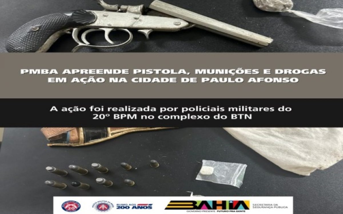 POLICIA MILITAR APREENDE PISTOLA, MUNIÇÕES E DROGAS EM AÇÃO NO COMPLEXO BTN, EM PAULO AFONSO