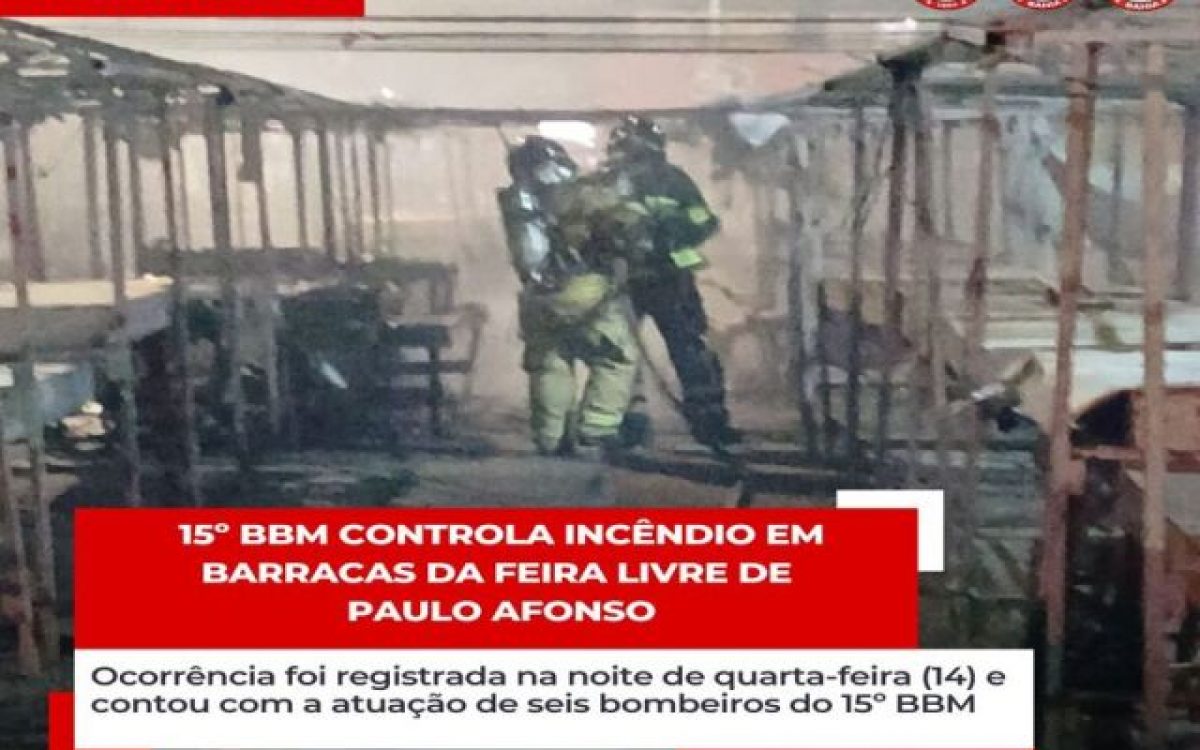 BOMBEIROS MILITAR DO 15º BBM CONTROLA INCÊNDIO EM BARRACAS DA FEIRA LIVRE DE PAULO AFONSO