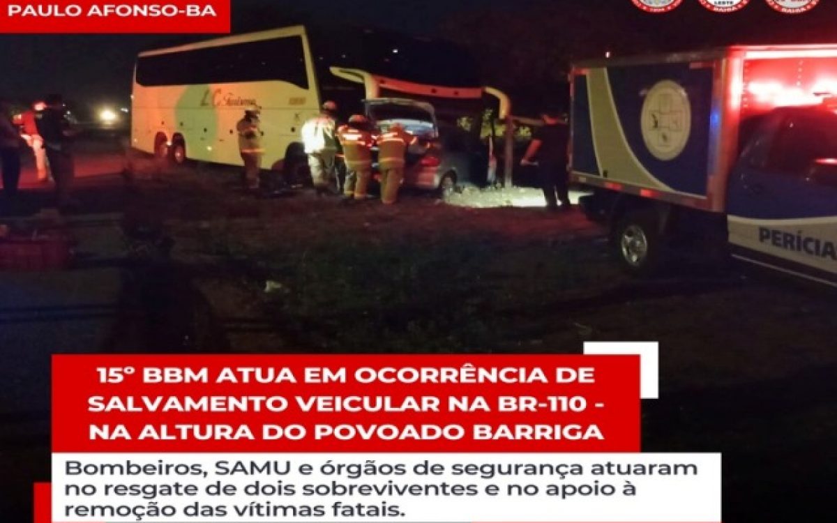 15º BBM atua em ocorrência de salvamento veicular na BR-110 – NA ALTURA DO POVOADO BARRIGA -Bombeiros, SAMU e órgãos de segurança atuaram no resgate de dois sobreviventes e no apoio à remoção das vítimas fatais