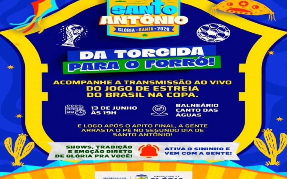 Prefeitura de Glória transmitirá jogo do Brasil no telão do palco da Festa de Santo Antônio