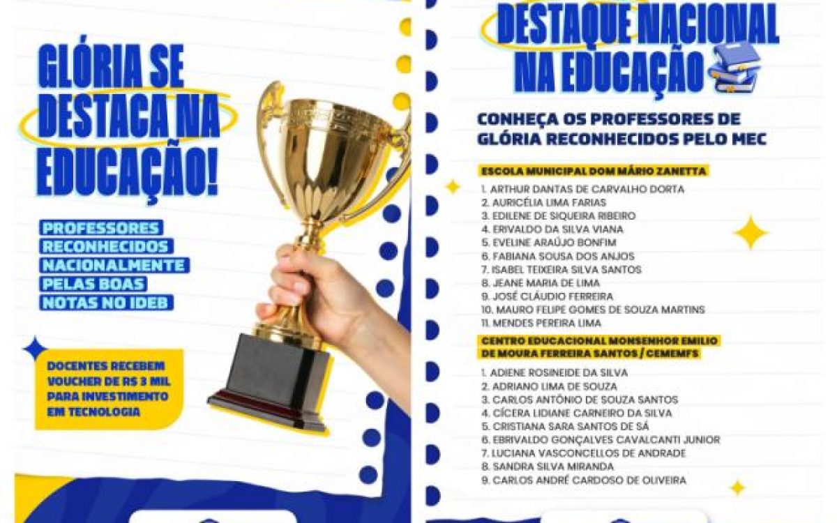 Glória se destaca na educação com professores reconhecidos nacionalmente pelo MEC