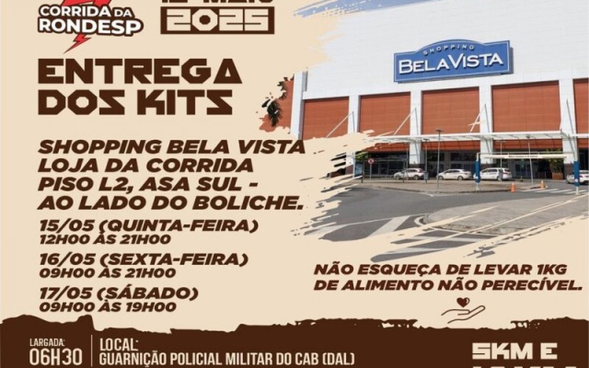 Entrega dos kits da 5ª Corrida da RONDESP Central começa dia 15 de maio, no Shopping Bela Vista