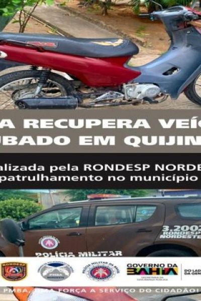 RONDESP NORDESTE RECUPERA MOTOCICLETA COM RESTRIÇÃO DE ROUBO NO CENTRO DE QUIJINGUE