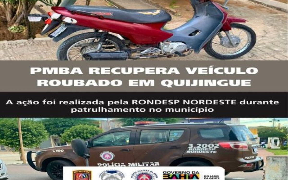 RONDESP NORDESTE RECUPERA MOTOCICLETA COM RESTRIÇÃO DE ROUBO NO CENTRO DE QUIJINGUE