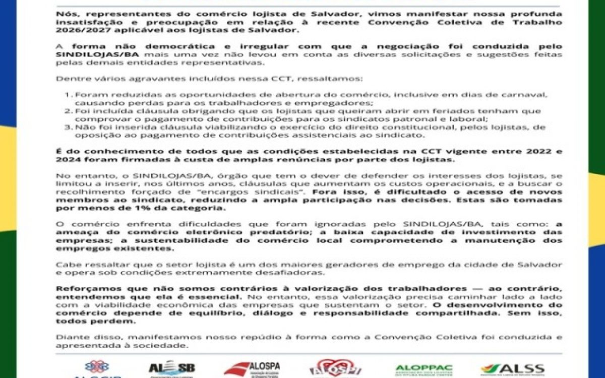 FCDL Bahia, CDL Salvador e entidades do varejo divulgam posicionamento sobre Convenção Coletiva de Trabalho