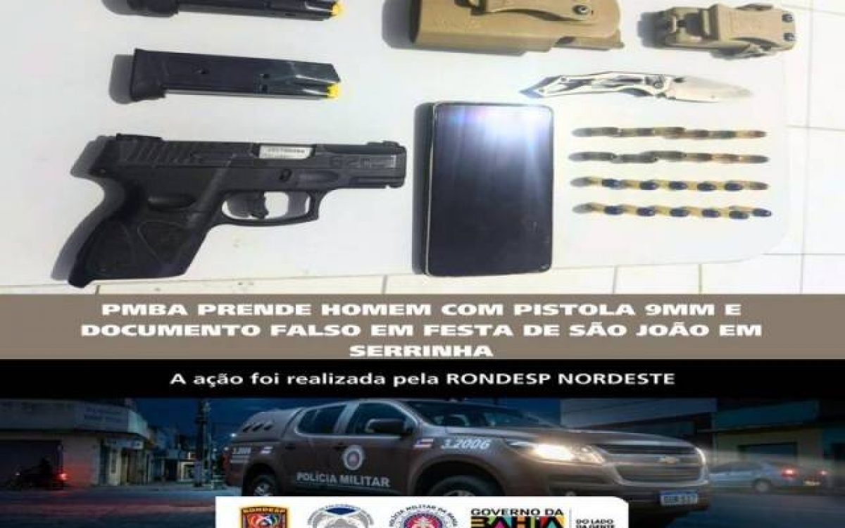 RONDESP Nordeste apreende pistola 9mm e prende homem por porte ilegal de arma e uso de documento falso em Serrinha