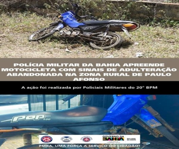 POLÍCIA MILITAR DA BAHIA APREENDE MOTOCICLETA COM SINAIS DE ADULTERAÇÃO ABANDONADA NA ZONA RURAL DE PAULO AFONSO