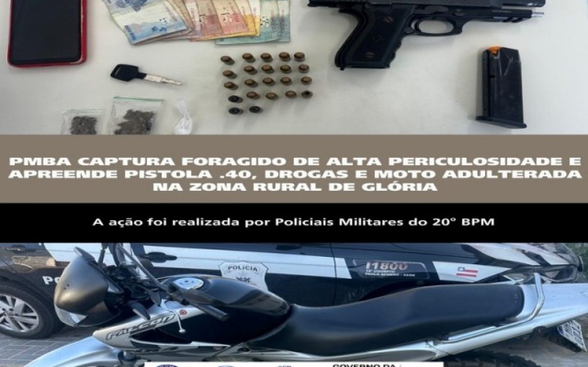 POLICIA MILITAR CAPTURA FORAGIDO DE ALTA PERICULOSIDADE E APREENDE PISTOLA .40, DROGAS E MOTO ADULTERADA NA ZONA RURAL DE GLÓRIA