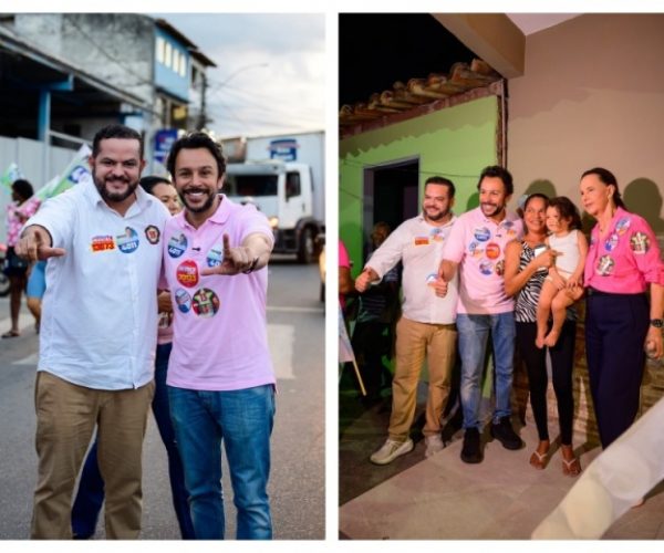 Marcel Hohlenwerger e Mário Negromonte Júnior caminham juntos com Maria das Graças em Ipiaú