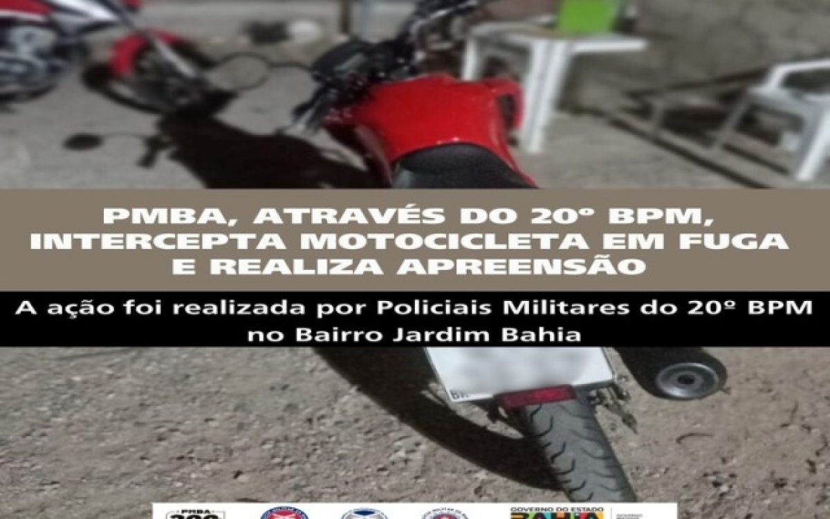 POLICIA MILITAR ATRAVÉS DO 20º BPM, INTERCEPTA MOTOCICLETA EM FUGA E REALIZA APREENSÃO NO BAIRRO JARDIM BAHIA