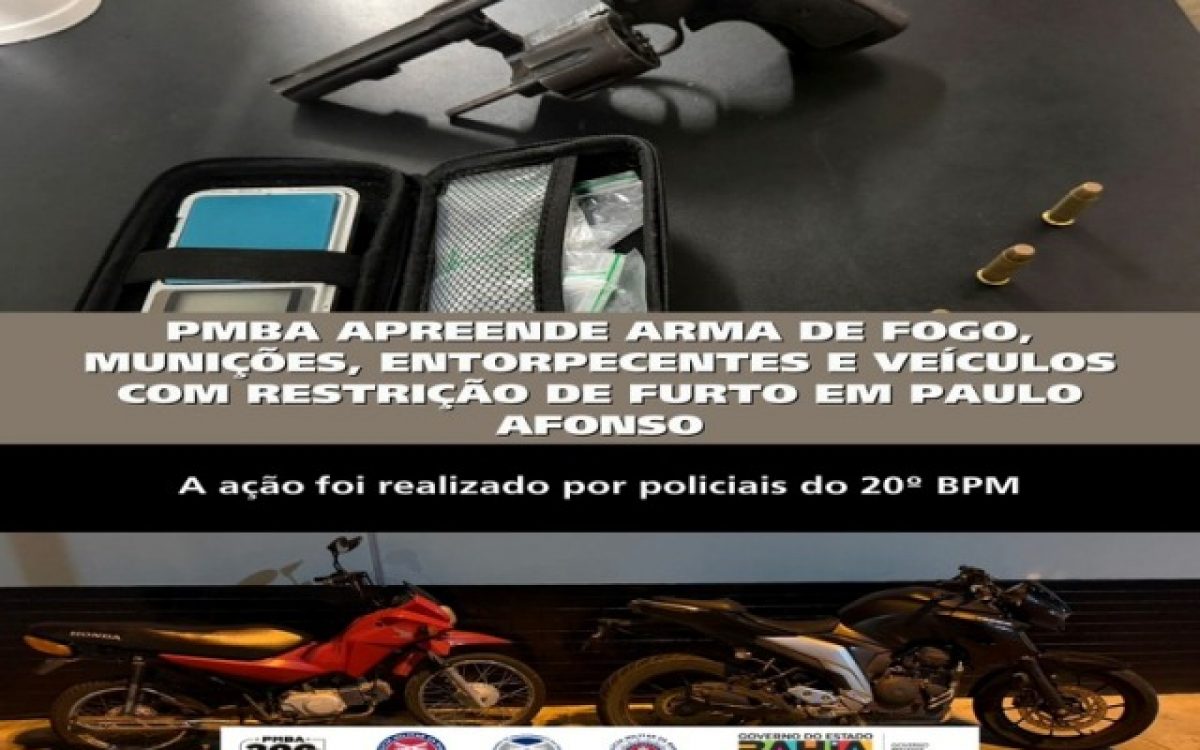 POLICIA MILITAR APREENDE ARMA DE FOGO, MUNIÇÕES, ENTORPECENTES E VEÍCULOS COM RESTRIÇÃO DE FURTO EM PAULO AFONSO