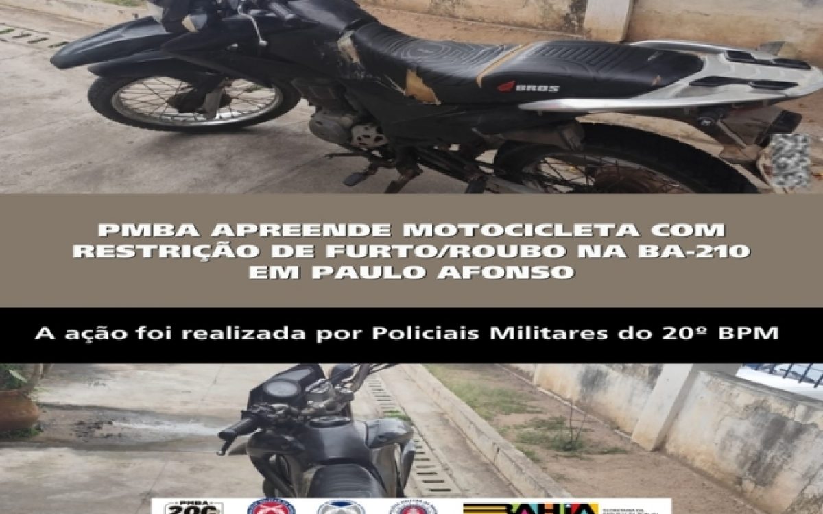 POLICIA MILITAR APREENDE MOTOCICLETA COM RESTRIÇÃO DE FURTO/ROUBO NA BA-210 EM PAULO AFONSO