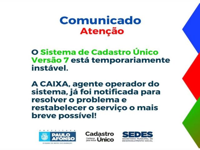 Sedes informa que Sistema de Cadastro Único versão 7 está temporariamente instável