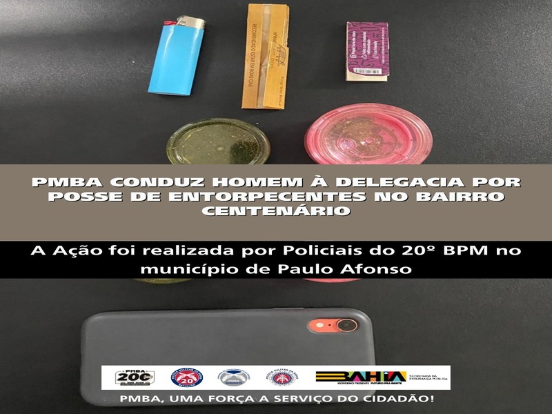 PMBA CONDUZ HOMEM À DELEGACIA POR POSSE DE ENTORPECENTES NO BAIRRO CENTENÁRIO