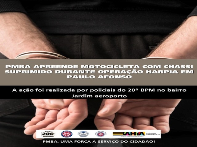 POLICIA MILITAR APREENDE MOTOCICLETA COM CHASSI SUPRIMIDO DURANTE OPERAÇÃO HARPIA EM PAULO AFONSO