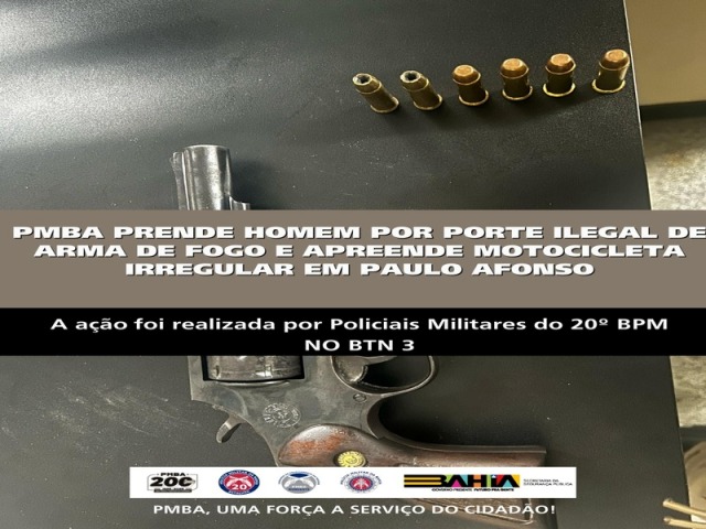 POLICIA MILITAR PRENDE HOMEM POR PORTE ILEGAL DE ARMA DE FOGO E APREENDE MOTOCICLETA IRREGULAR