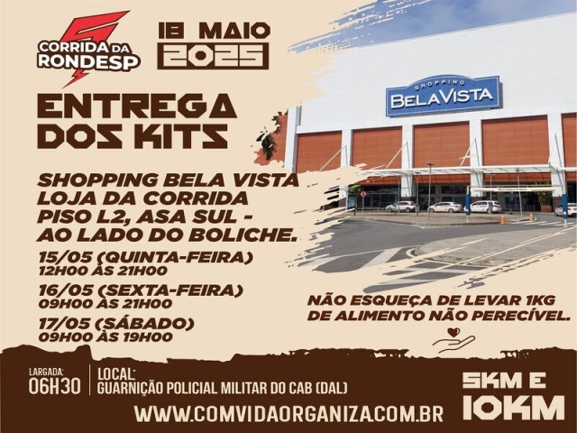 Entrega dos kits da 5ª Corrida da RONDESP Central começa dia 15 de maio, no Shopping Bela Vista