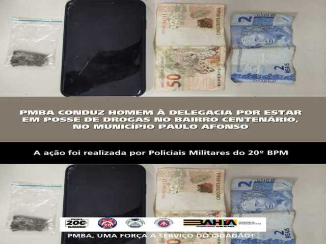 POLICIA MILITAR CONDUZ HOMEM À DELEGACIA POR ESTAR EM POSSE DE DROGAS NO BAIRRO CENTENÁRIO, NO MUNICÍPIO PAULO AFONSO