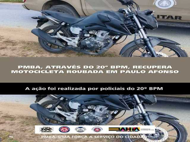 POLICIA MILITAR RECUPERA MOTOCICLETA ROUBADA EM PAULO AFONSO