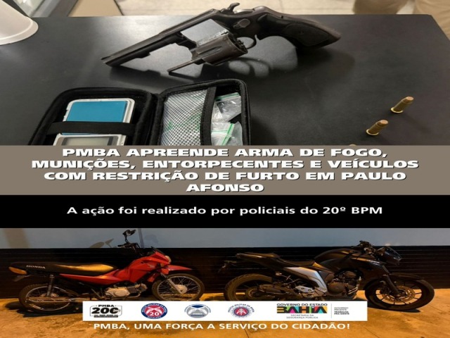 POLICIA MILITAR APREENDE ARMA DE FOGO, MUNIÇÕES, ENTORPECENTES E VEÍCULOS COM RESTRIÇÃO DE FURTO EM PAULO AFONSO