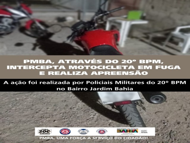POLICIA MILITAR ATRAVÉS DO 20º BPM, INTERCEPTA MOTOCICLETA EM FUGA E REALIZA APREENSÃO NO BAIRRO JARDIM BAHIA