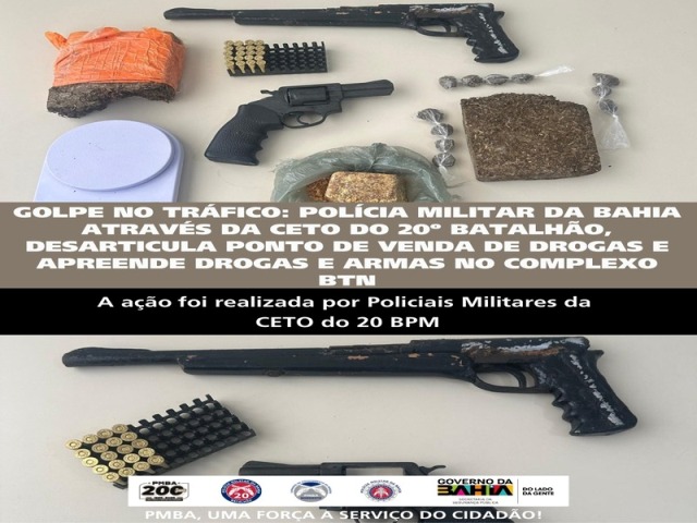 GOLPE NO TRÁFICO: POLÍCIA MILITAR DA BAHIA, ATRAVÉS DA CETO DO 20º BATALHÃO, DESARTICULA PONTO DE VENDA DE DROGAS E APREENDE DROGAS E ARMAS NO COMPLEXO BTN