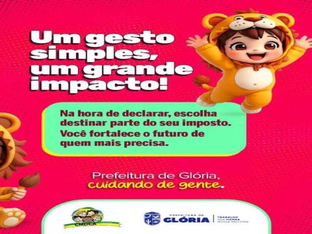 Destinação do Imposto de Renda pode beneficiar crianças e adolescentes de Glória
