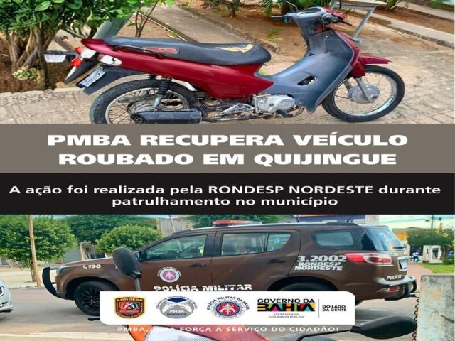 RONDESP NORDESTE RECUPERA MOTOCICLETA COM RESTRIÇÃO DE ROUBO NO CENTRO DE QUIJINGUE