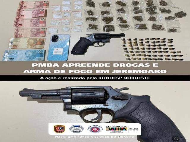 POLICIA MILITAR APREENDE DROGAS E ARMA DE FOGO EM JEREMOABO