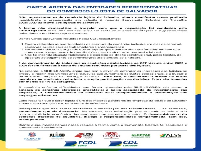 FCDL Bahia, CDL Salvador e entidades do varejo divulgam posicionamento sobre Convenção Coletiva de Trabalho