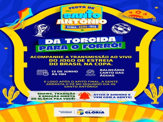 Prefeitura de Glória transmitirá jogo do Brasil no telão do palco da Festa de Santo Antônio
