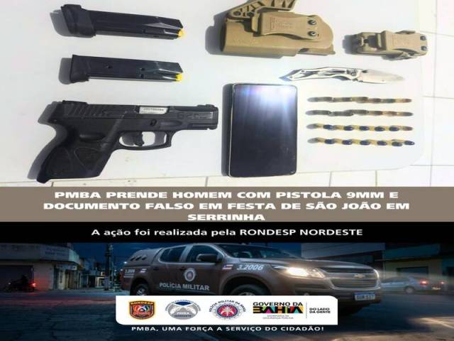 RONDESP Nordeste apreende pistola 9mm e prende homem por porte ilegal de arma e uso de documento falso em Serrinha