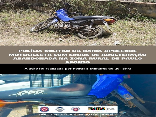 POLÍCIA MILITAR DA BAHIA APREENDE MOTOCICLETA COM SINAIS DE ADULTERAÇÃO ABANDONADA NA ZONA RURAL DE PAULO AFONSO